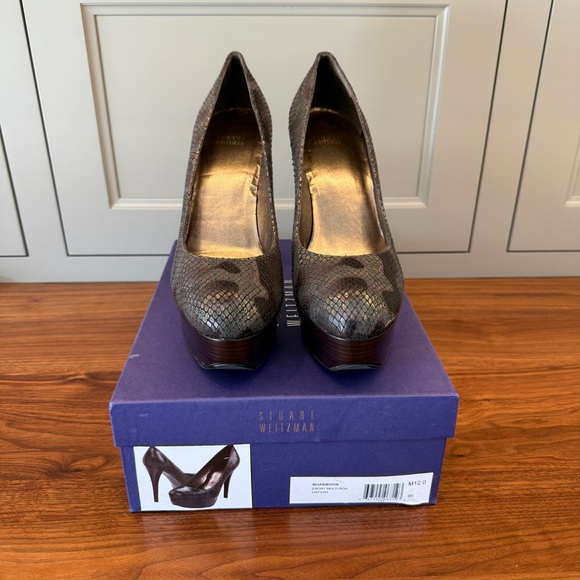Stuart Weitzman Size 12 Snakeskin Embossed Leather Platform Pumps - Picture 1 of 10